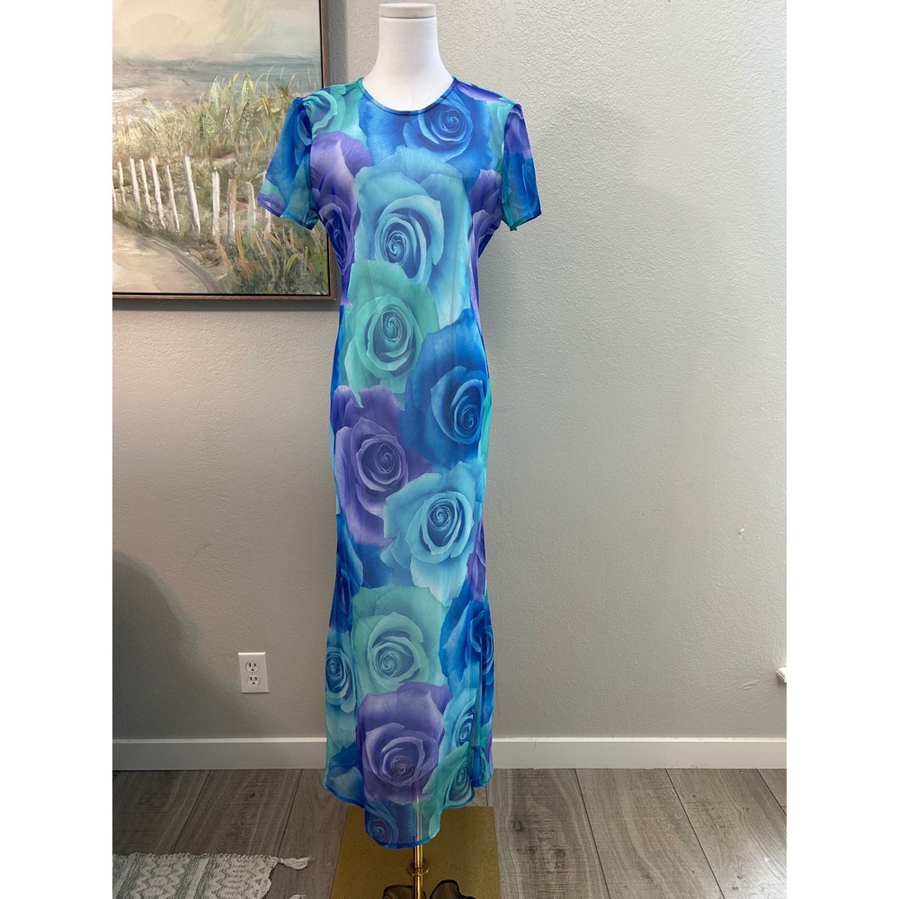 Vintage Y2K Blue Rose Mesh Maxi Dress Fairycore Romantic Whimsical